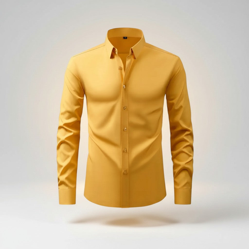 Silvorne men's slim-fit long-sleeve shirt in mustard yellow stretch cotton blend with button-down closure and crisp collar.
