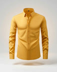 Silvorne men's slim-fit long-sleeve shirt in mustard yellow stretch cotton blend with button-down closure and crisp collar.