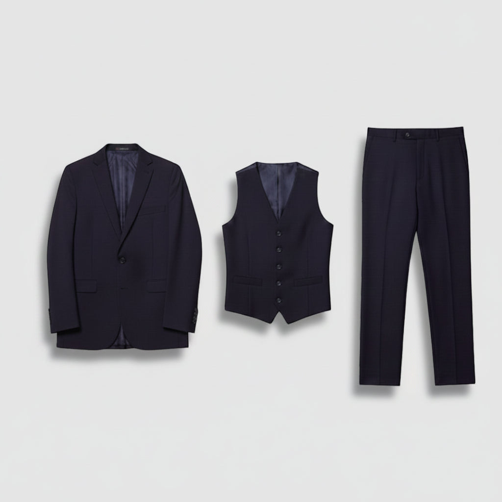 Silvorne men's navy blue 3-piece suit with notch lapel blazer, waistcoat, and trousers. Classic formal wear.