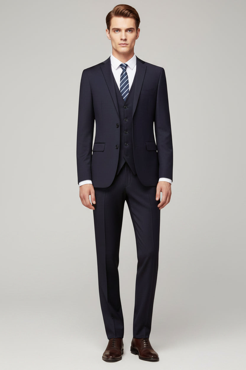 Silvorne men's navy blue 3-piece suit with notch lapel blazer, waistcoat, and trousers. Tailored fit for formal occasions.