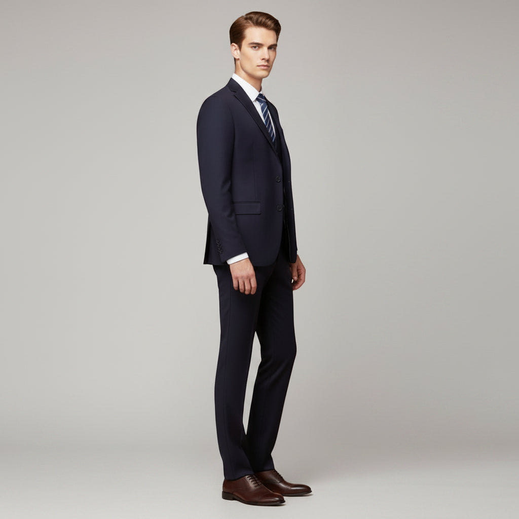 Silvorne men's navy blue 3-piece suit with notch lapel blazer, waistcoat, and trousers. Model wears white shirt and striped tie.