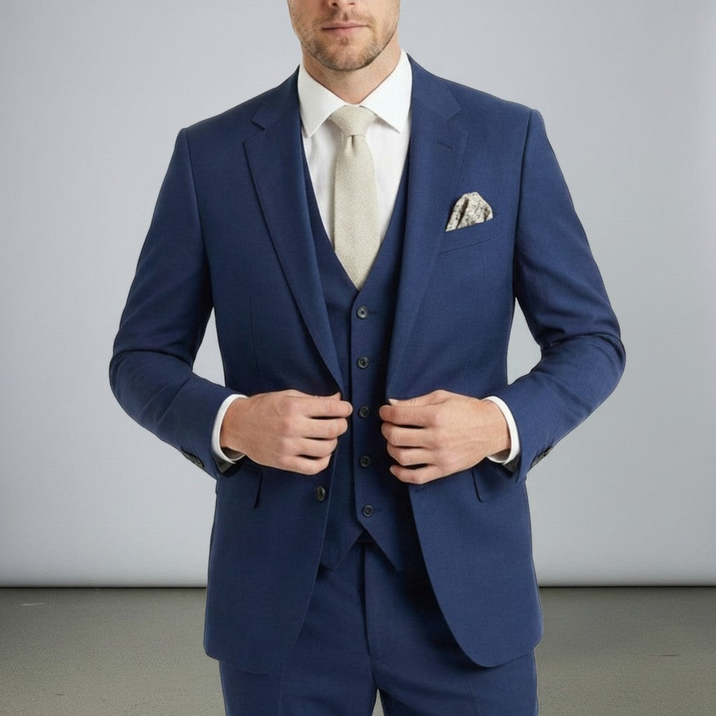 Silvorne men's navy blue three-piece suit with single-breasted one-button jacket, waistcoat, and tailored trousers.