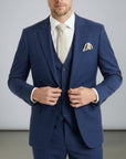 Silvorne men's navy blue three-piece suit with single-breasted one-button jacket, waistcoat, and tailored trousers.
