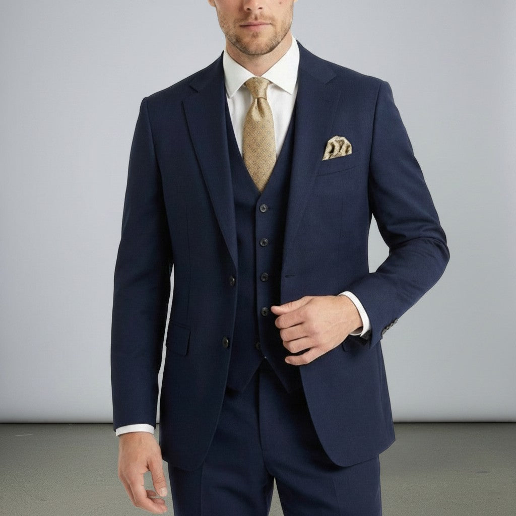 Silvorne men's navy blue tailored fit three-piece suit with single-breasted one-button jacket and matching waistcoat.