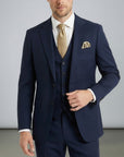 Silvorne men's navy blue tailored fit three-piece suit with single-breasted one-button jacket and matching waistcoat.