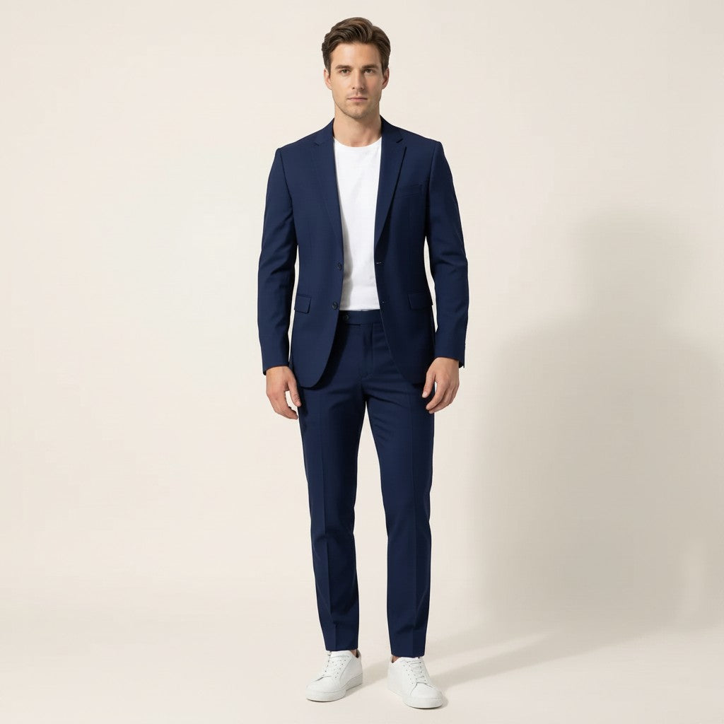 Silvorne men's navy blue tailored two-piece suit set with white t-shirt and sneakers.