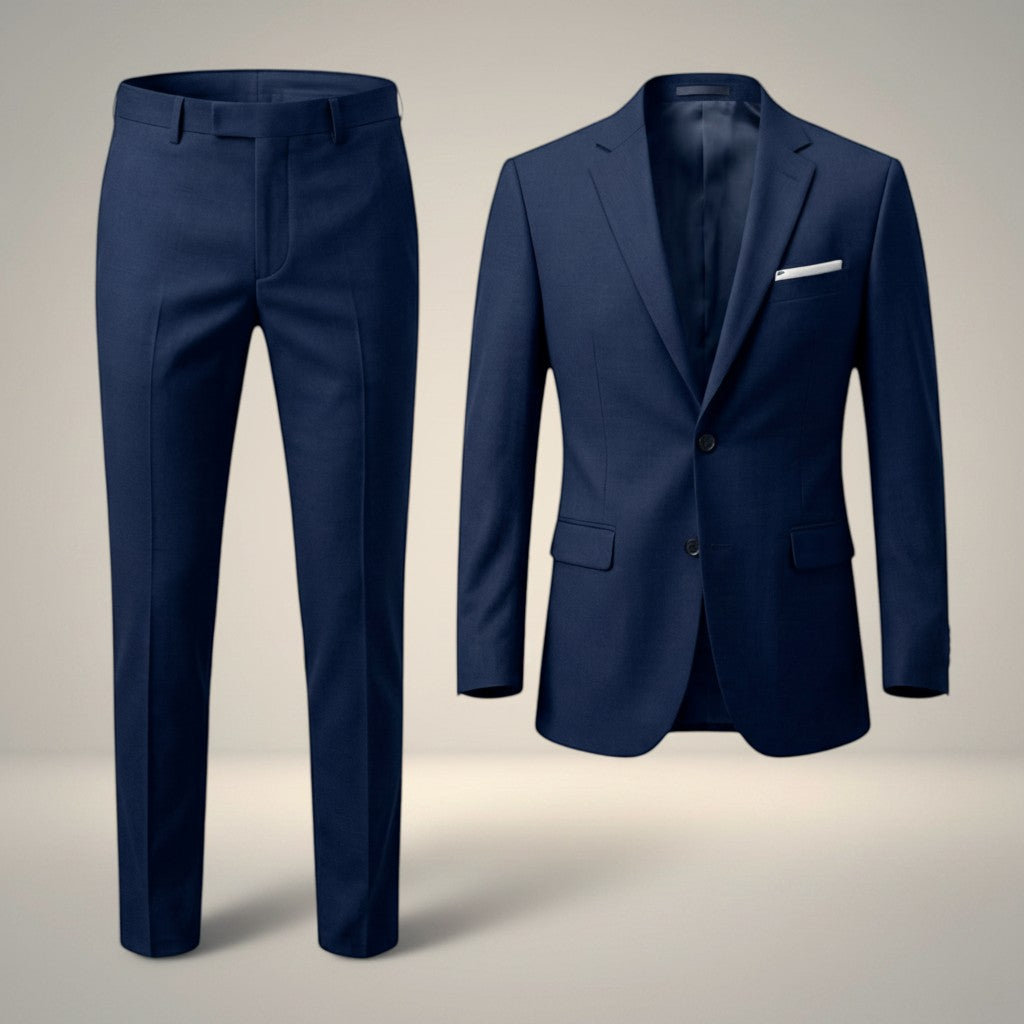 Silvorne men's navy blue two piece suit set with tailored jacket and straight-leg trousers. Features lapel collar, button closure, and woven fabric.