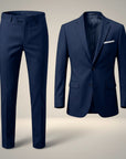 Silvorne men's navy blue two piece suit set with tailored jacket and straight-leg trousers. Features lapel collar, button closure, and woven fabric.