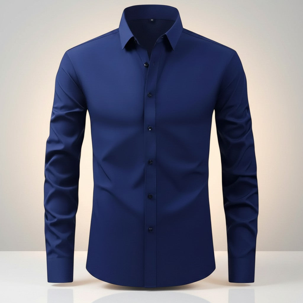 Silvorne Men's slim-fit navy blue long-sleeve dress shirt with stretch fabric and button-down closure.