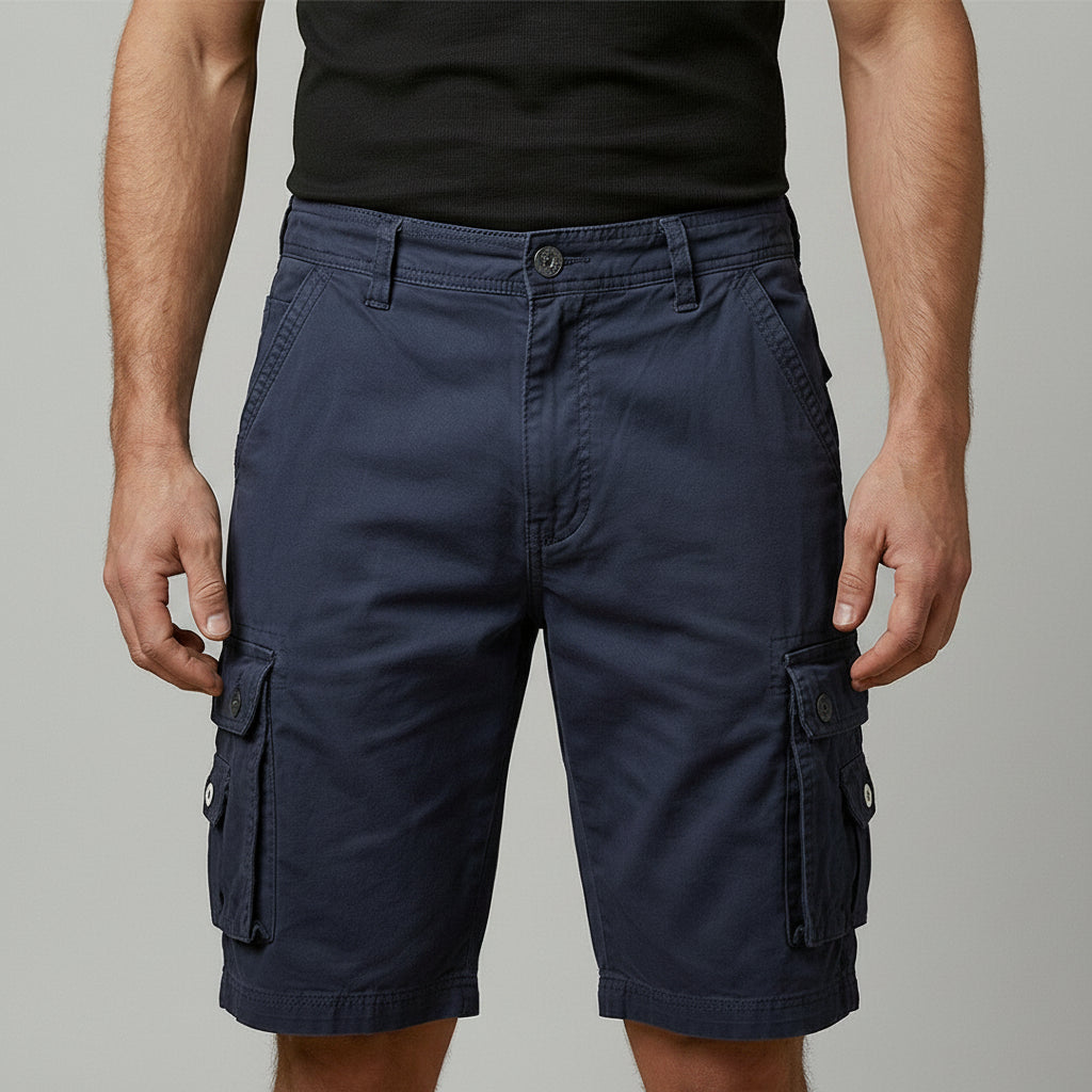 Silvorne men's navy blue cotton cargo shorts with elasticated waist, button fastening, and flap pockets.