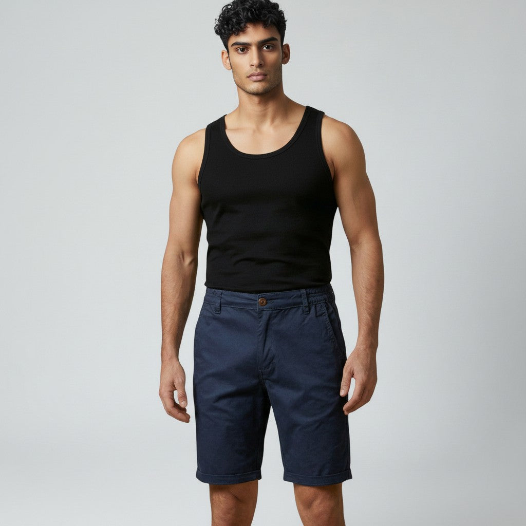 Silvorne men's navy blue cotton chino shorts with a relaxed fit and elastic waist detail for summer comfort.