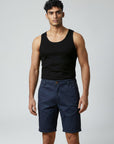 Silvorne men's navy blue cotton chino shorts with a relaxed fit and elastic waist detail for summer comfort.