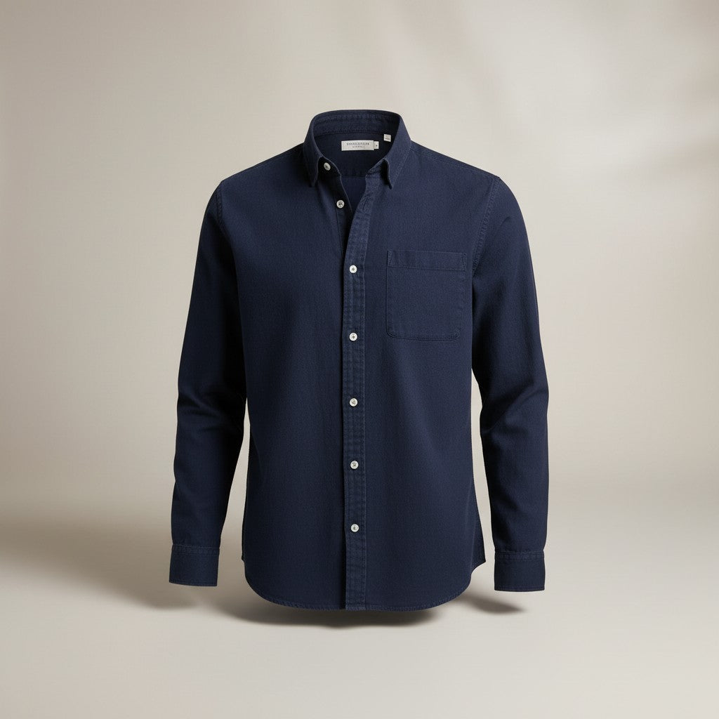 Silvorne men's navy blue slim-fit long-sleeve button-up shirt with turn-down collar and chest pocket.