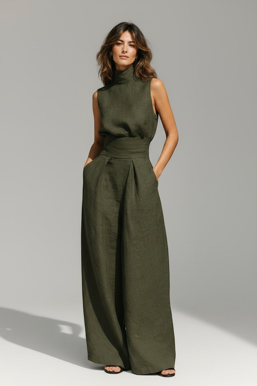 Silvorne women's olive green linen blend tank top and wide-leg pants set with high neck and defined waist.