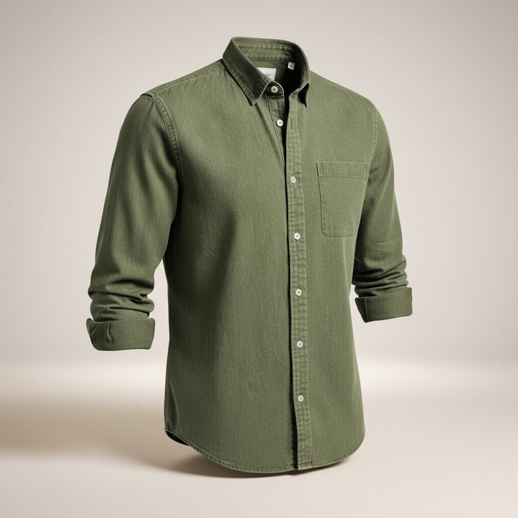 Silvorne Men's slim-fit olive green long-sleeve button-up shirt with turn-down collar and chest pocket.
