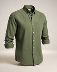 Silvorne Men's slim-fit olive green long-sleeve button-up shirt with turn-down collar and chest pocket.