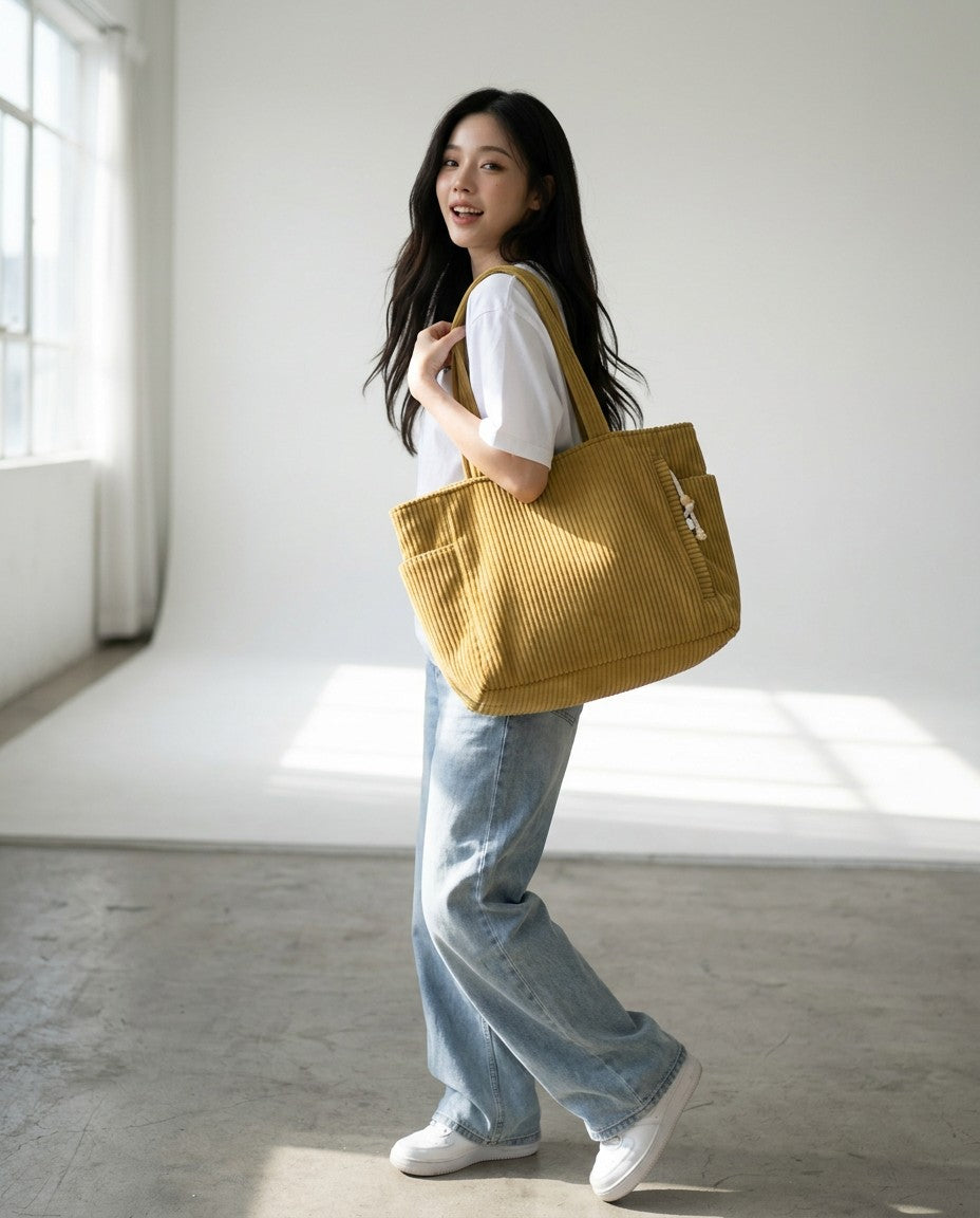 Women's Soft Corduroy Tote Bag | Spacious Ribbed Everyday Handbag 1