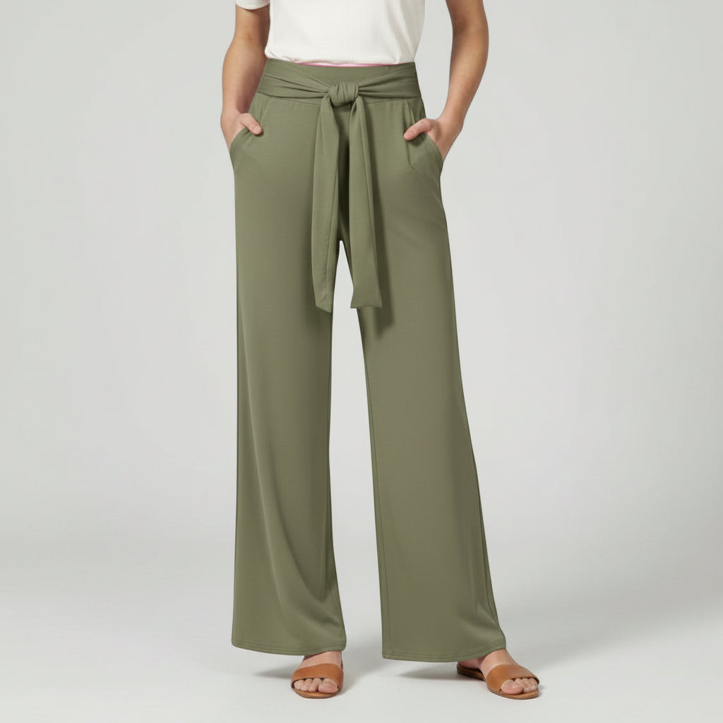 Silvorne women's olive green wide-leg trousers with a tied waistband and pockets.
