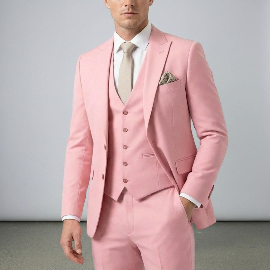 Silvorne men's pink 3-piece suit with single-breasted one-button jacket, waistcoat, and tailored trousers. Features peak lapels and a pocket square.