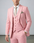 Silvorne men's pink 3-piece suit with single-breasted one-button jacket, waistcoat, and tailored trousers. Features peak lapels and a pocket square.