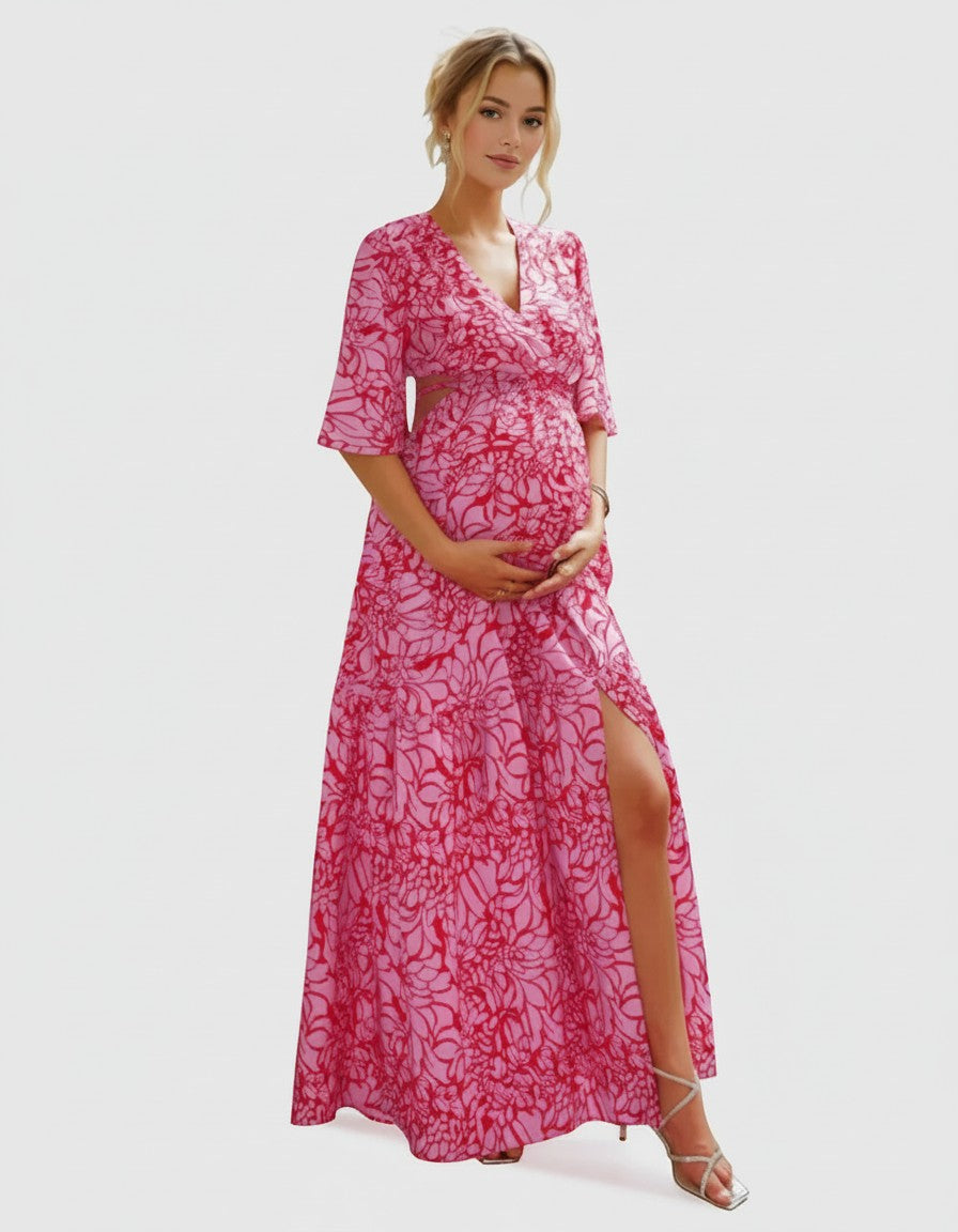 Women's Floral Chiffon Maternity Maxi Dress | Elegant Cutout Design for Comfort 1