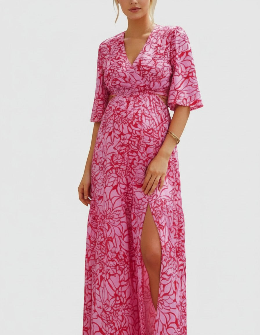 Women's Floral Chiffon Maternity Maxi Dress | Elegant Cutout Design for Comfort 4