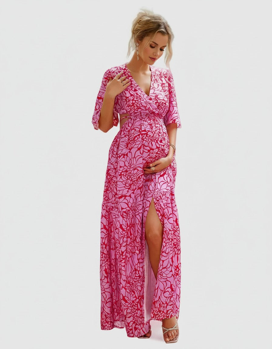 Women's Floral Chiffon Maternity Maxi Dress | Elegant Cutout Design for Comfort 6