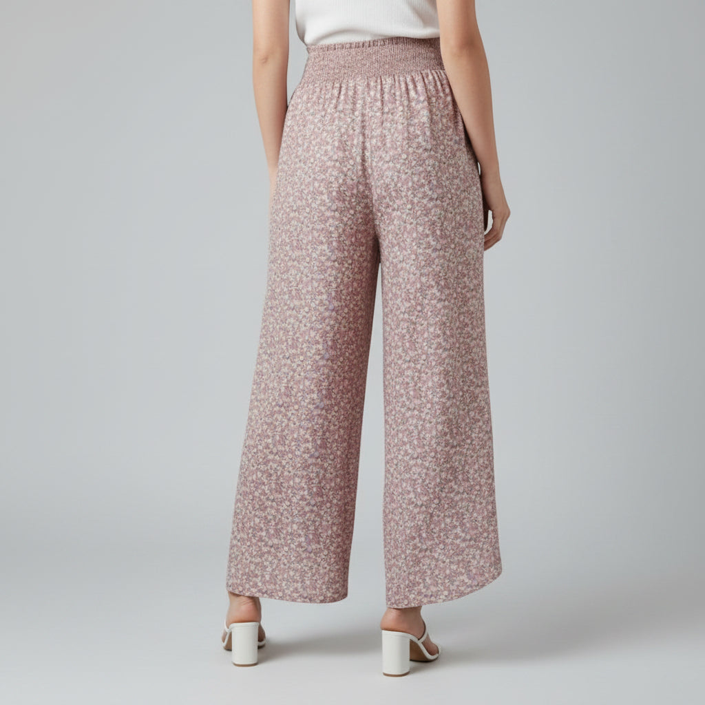 Silvorne women's wide-leg trousers in pink with a ditsy floral print and elastic waistband.