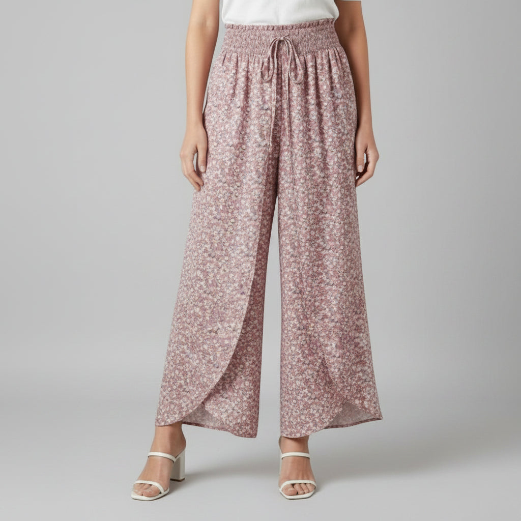 Silvorne women's pink floral print wide-leg trousers with elastic waistband and drawstring.