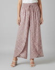 Silvorne women's pink floral print wide-leg trousers with elastic waistband and drawstring.