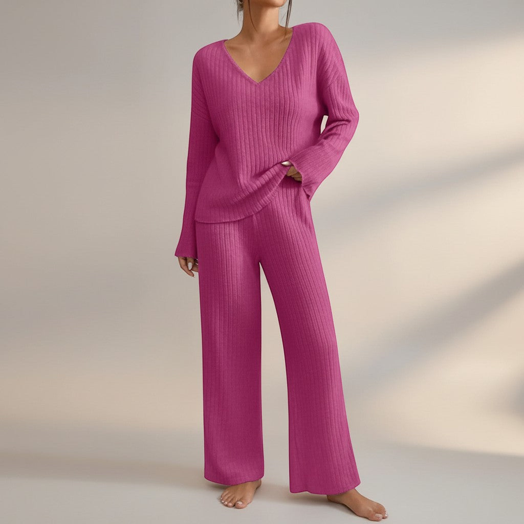 Silvorne women's fuchsia pink ribbed knit V-neck loungewear set with wide leg pants.