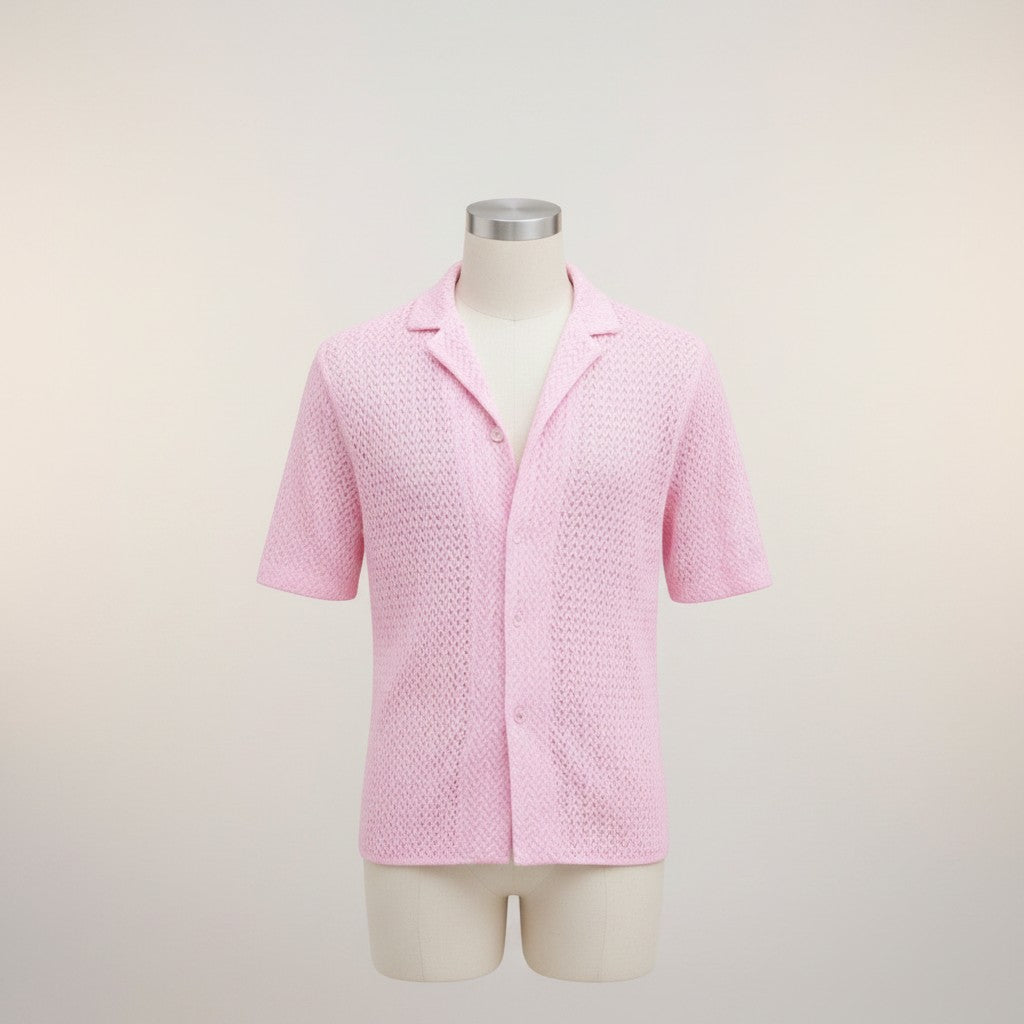 Silvorne men's pink open-knit short sleeve button-up shirt with textured finish and camp collar.