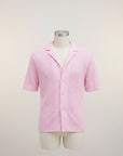 Silvorne men's pink open-knit short sleeve button-up shirt with textured finish and camp collar.