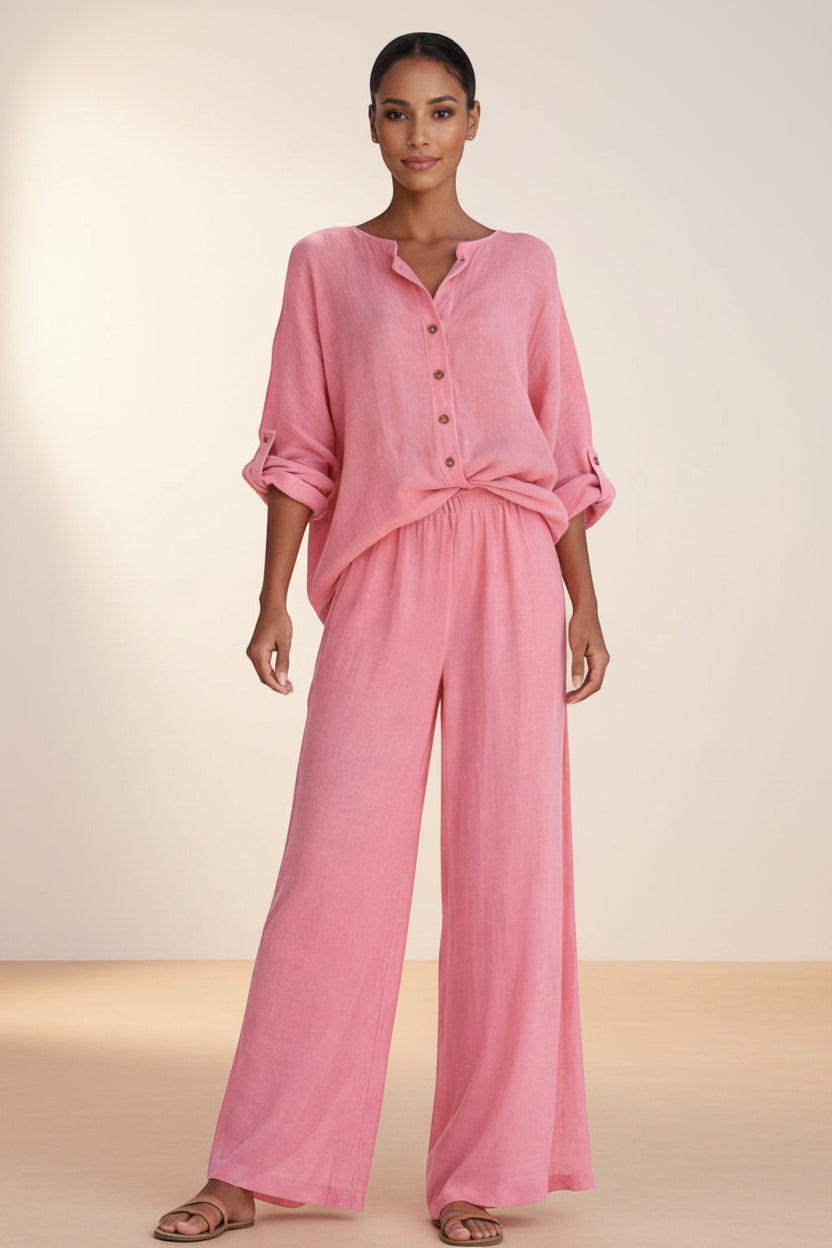 Silvorne pink linen blend button front blouse with rolled sleeves and wide leg trousers set.