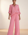 Silvorne pink linen blend button front blouse with rolled sleeves and wide leg trousers set.