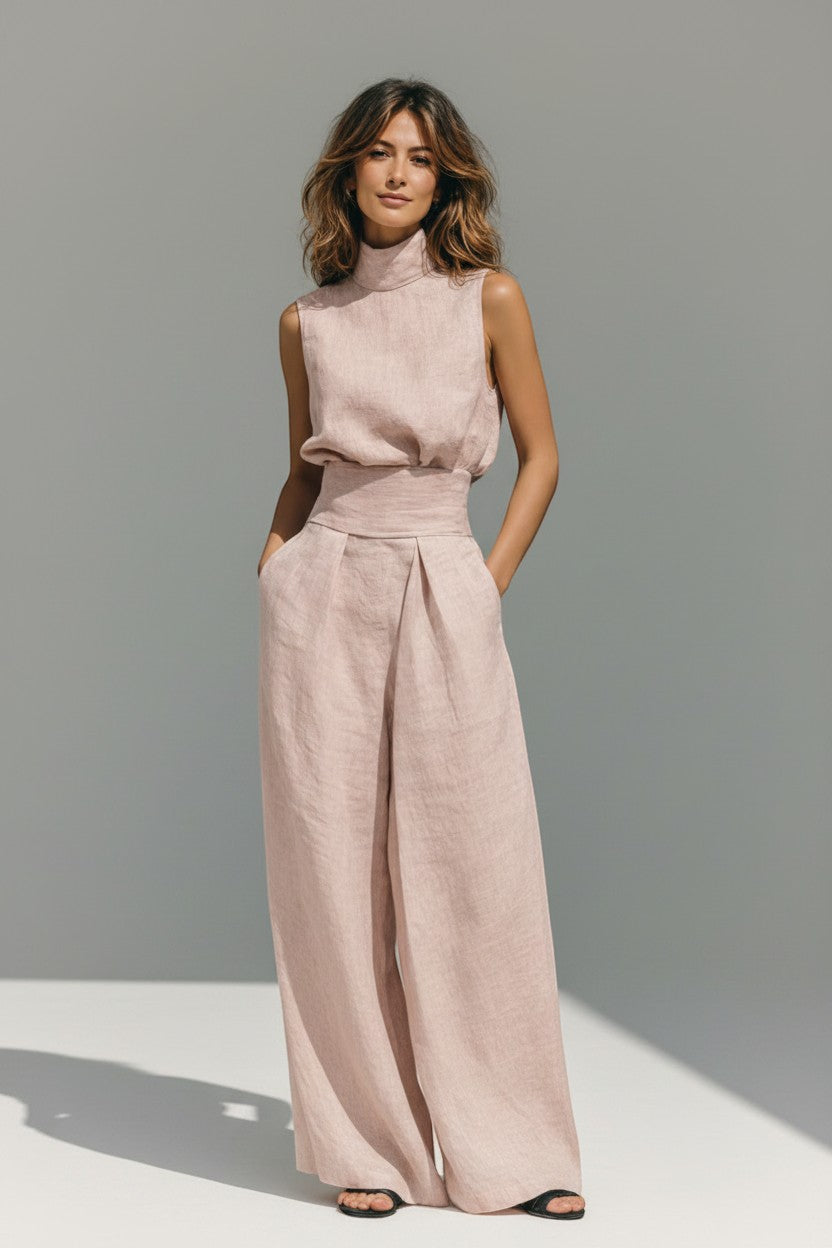 Silvorne women's blush pink linen blend sleeveless high-neck tank top and wide-leg pants set with side pockets.