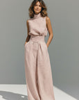 Silvorne women's blush pink linen blend sleeveless high-neck tank top and wide-leg pants set with side pockets.