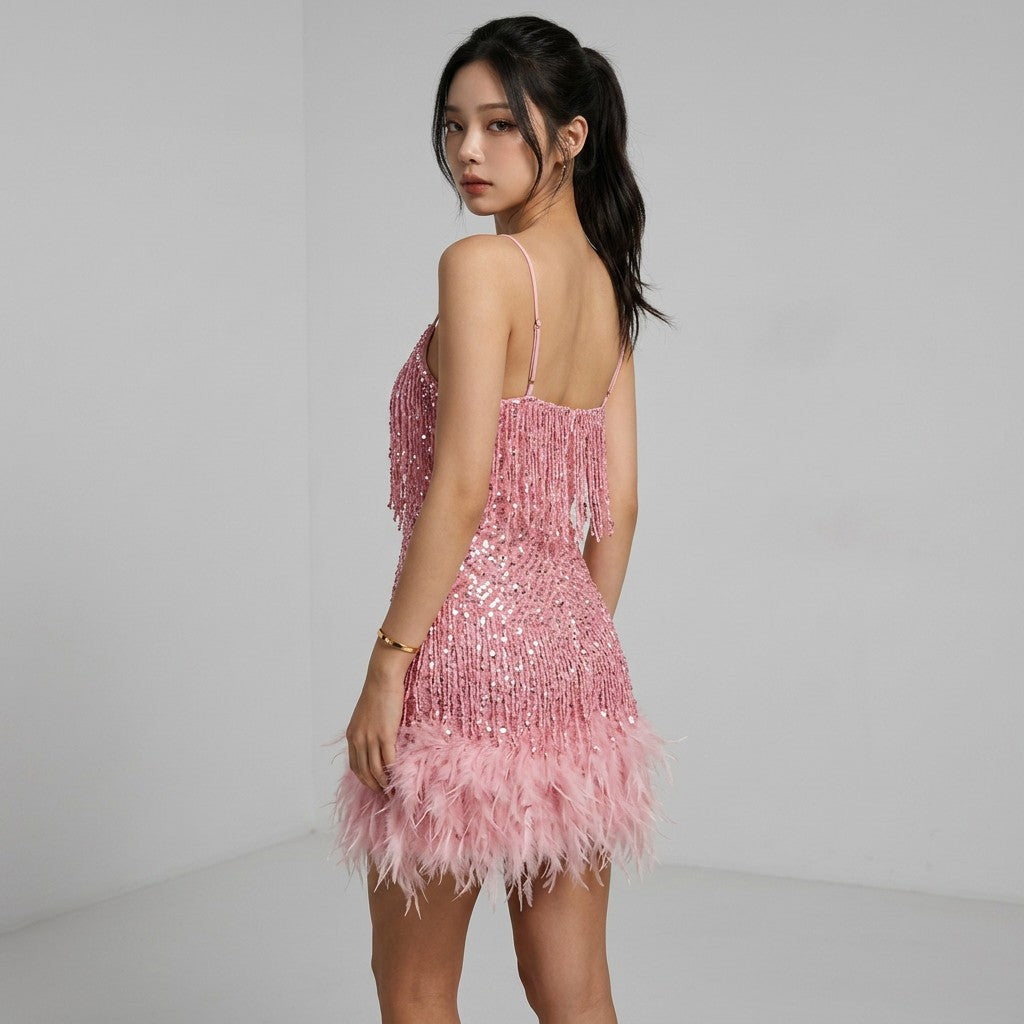 Women's Shimmering Sequin Mini Dress | Glamorous Feather Trim Party Dress 8