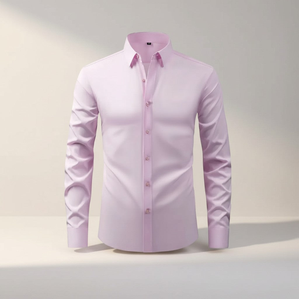 Silvorne men's light pink slim-fit long-sleeve dress shirt with a crisp collar and button-down closure. Stretch fabric.