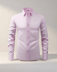Silvorne men's light pink slim-fit long-sleeve dress shirt with a crisp collar and button-down closure. Stretch fabric.