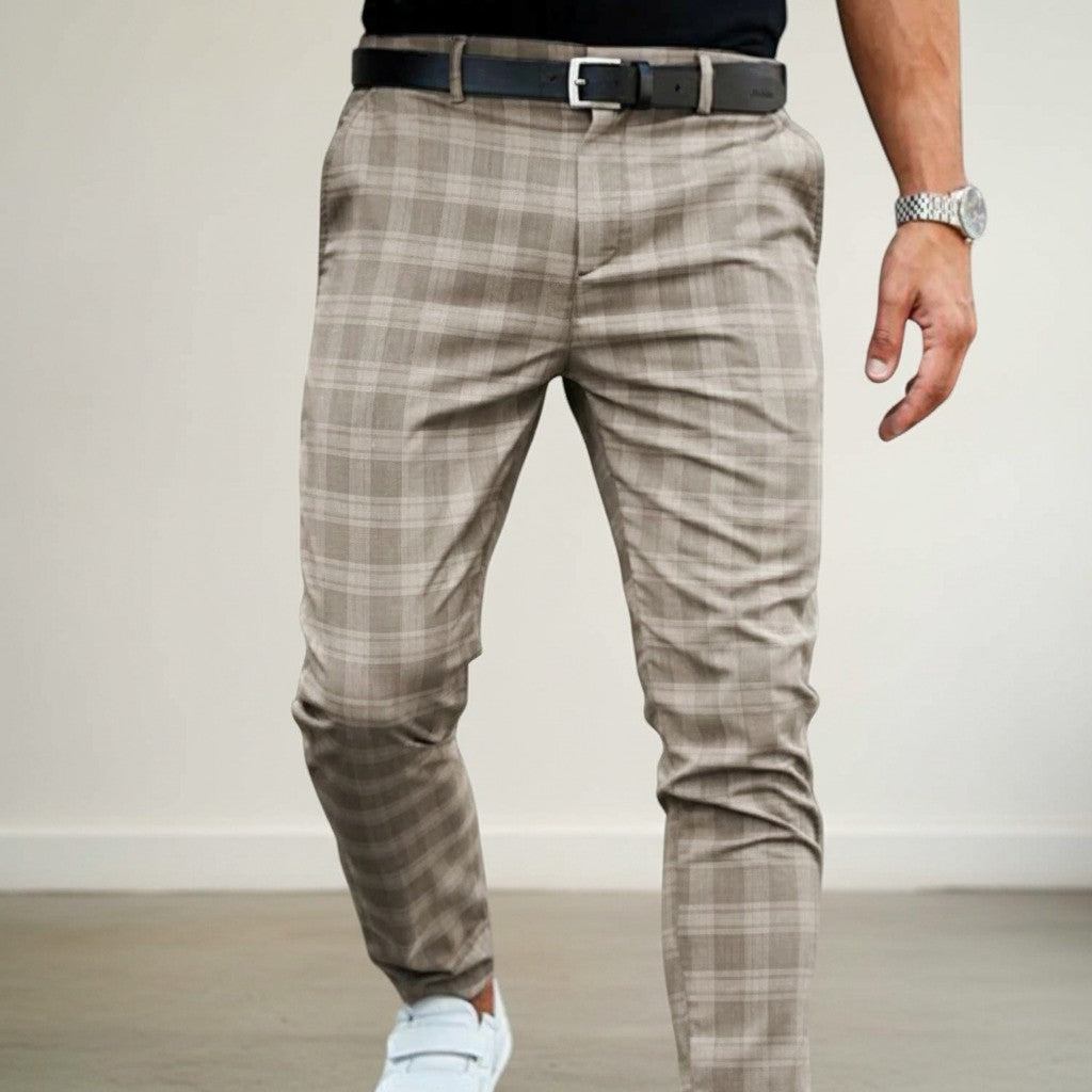 Silvorne men's slim-fit ankle-length plaid pants in beige and brown woven fabric.