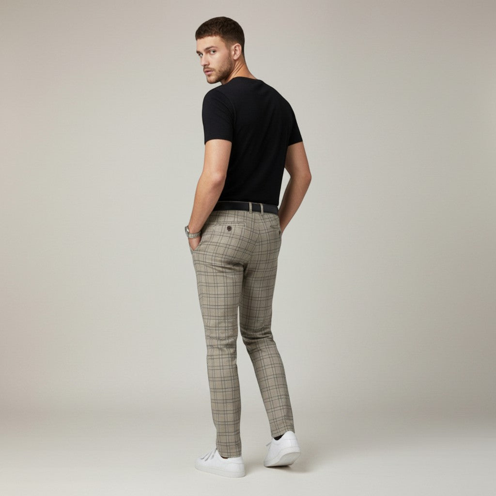 Silvorne Men's slim-fit ankle-length plaid pants in beige and grey woven fabric.