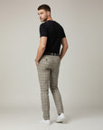 Silvorne Men's slim-fit ankle-length plaid pants in beige and grey woven fabric.