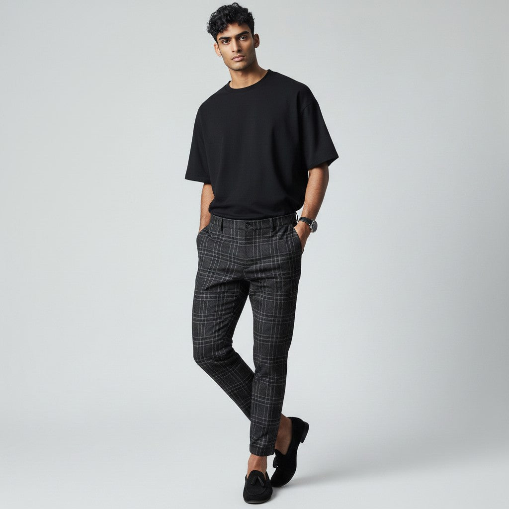 Silvorne Men's slim-fit ankle-length pants in charcoal grey plaid woven fabric. Modern tailored fit with a classic pattern.
