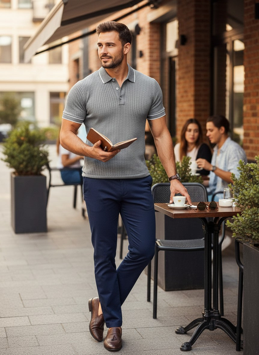 Silvorne polo de manga corta gris con ribetes blancos, tejido acanalado, ideal para verano.
