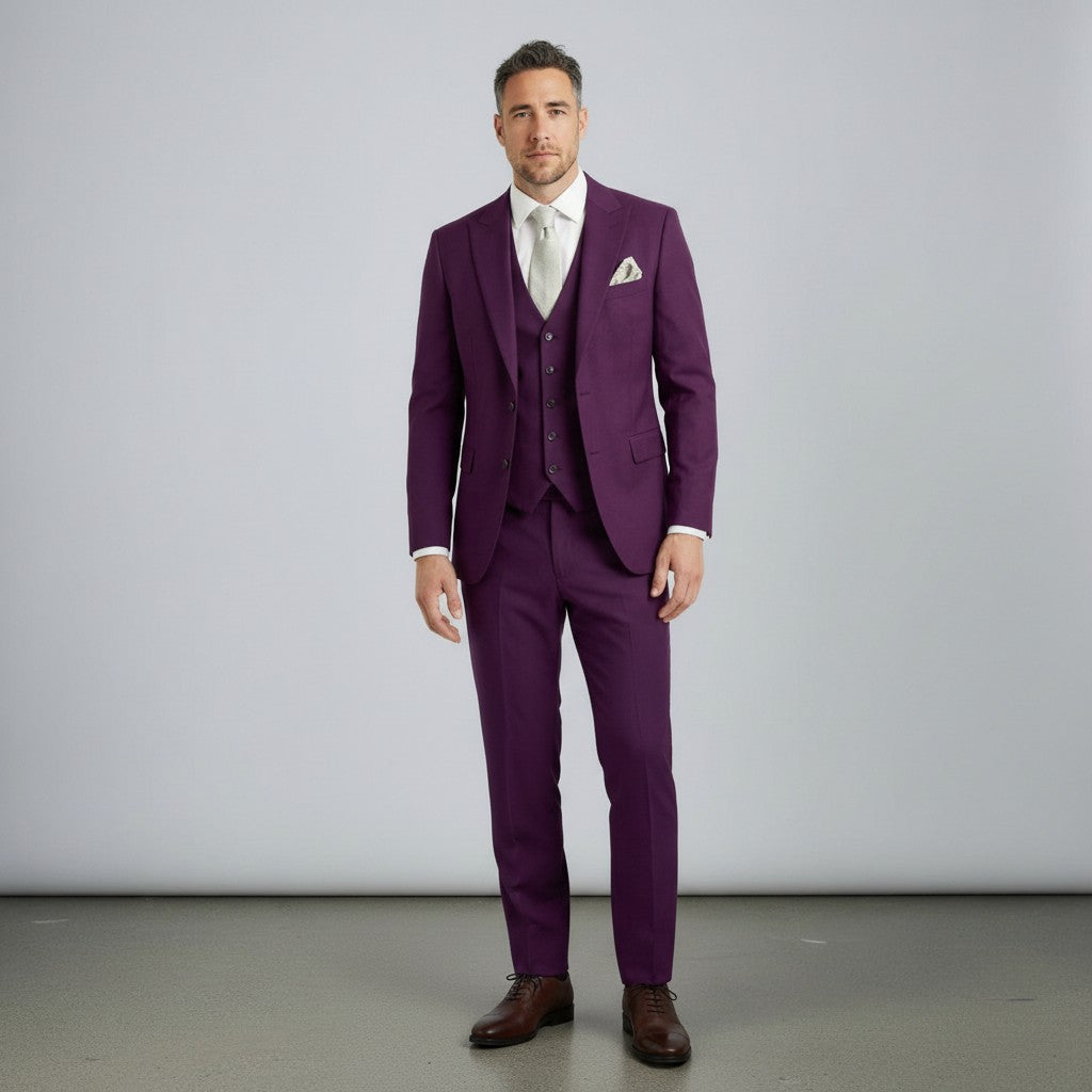Silvorne men's deep purple three-piece suit with single-breasted one-button jacket, waistcoat, and tailored trousers.