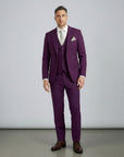 Silvorne men's deep purple three-piece suit with single-breasted one-button jacket, waistcoat, and tailored trousers.