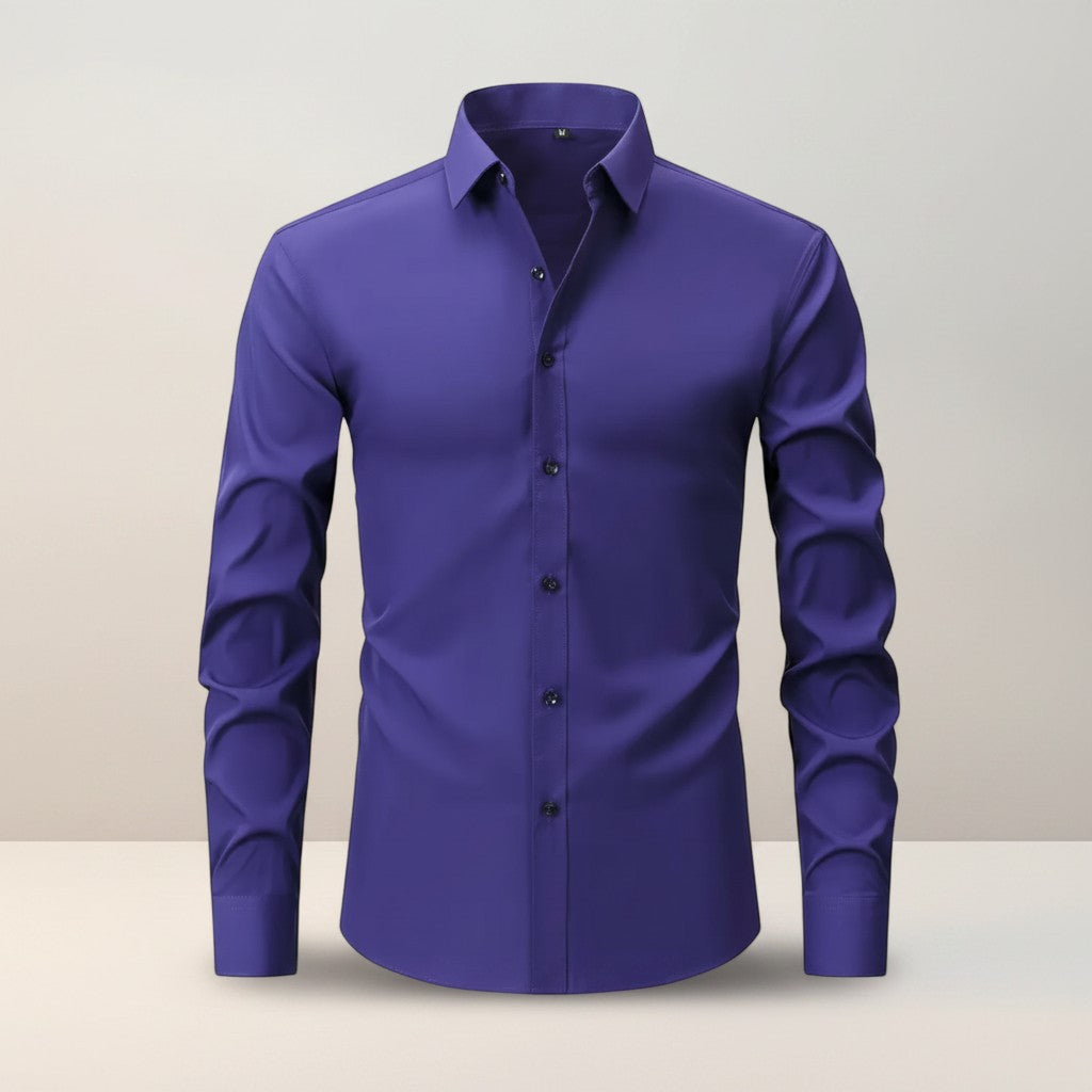 Silvorne Men's slim-fit purple long-sleeve shirt with stretch fabric and button-down closure.