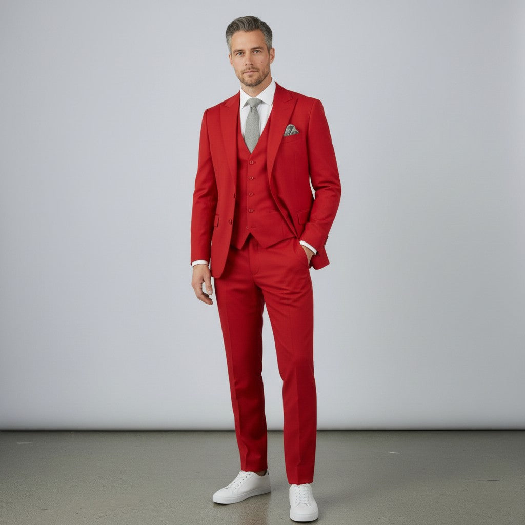 Silvorne men's red three-piece suit with single-breasted one-button jacket, waistcoat, and tailored trousers. Features peak lapels and a grey patterned pocket square.