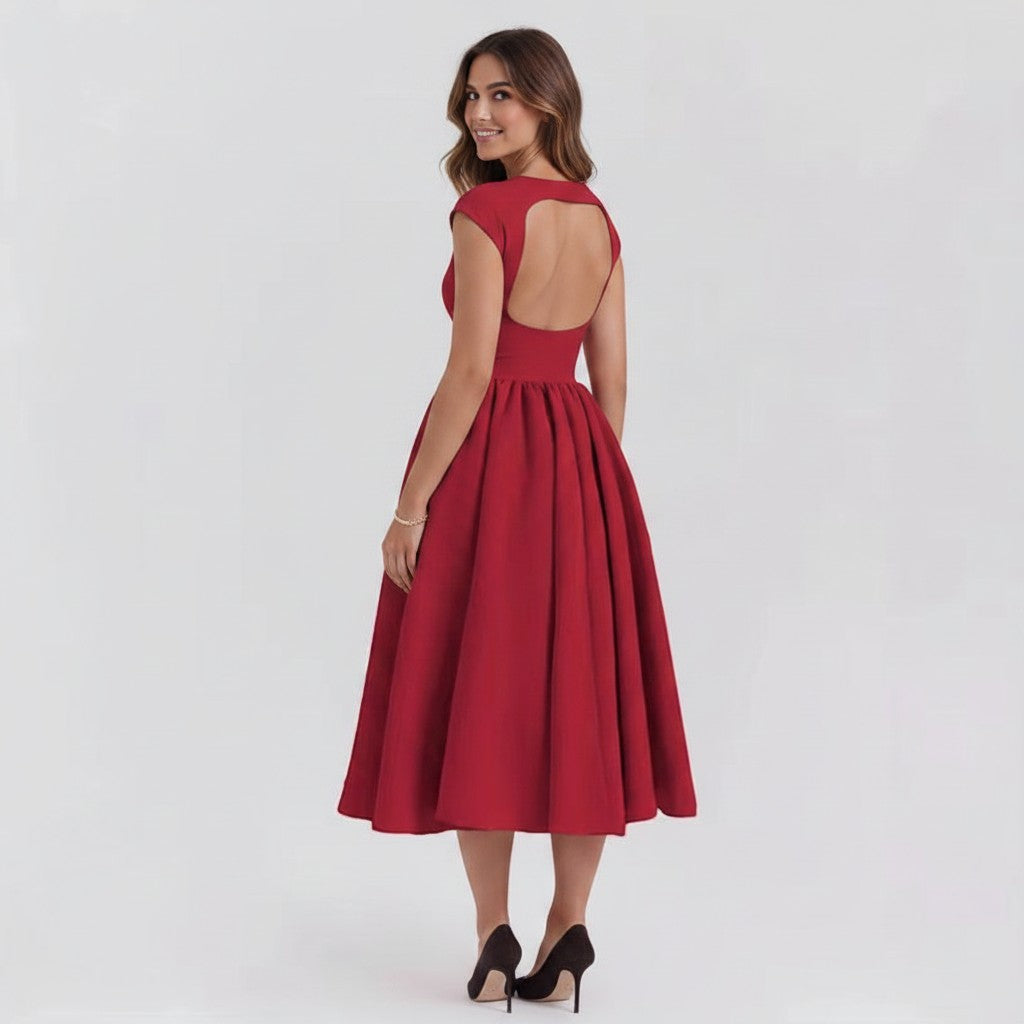 Elegant Midi Dress with Cap Sleeves & Open Back Design for Timeless Style 6